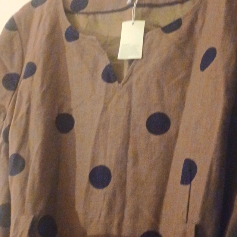 Bodin  Dress below the knees. Brown with black dots throughout the dress.